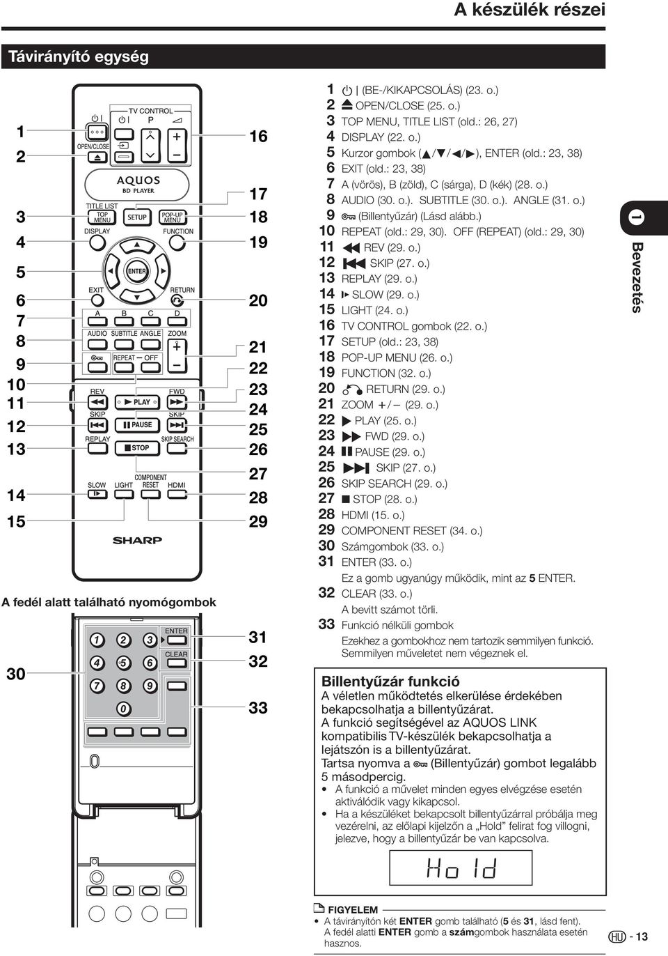 ) 0 REPEAT (old.: 9, 30). OFF (REPEAT) (old.: 9, 30) S REV (9. o.) T SKIP (7. o.) 3 REPLAY (9. o.) 4 SLOW (9. o.) 5 LIGHT (4. o.) 6 TV CONTROL gombok (. o.) 7 SETUP (old.: 3, 38) 8 POP-UP (6. o.) 9 FUNCTION (3.