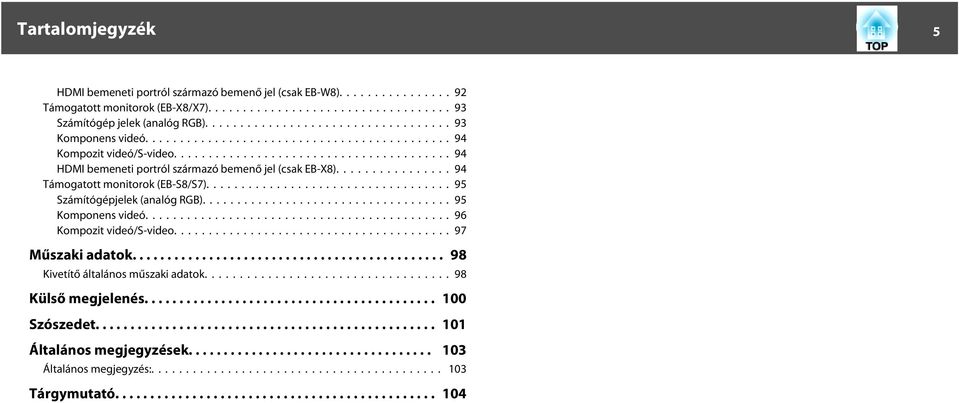 ............... 94 Támogatott monitorok (EB-S8/S7)...95 Számítógépjelek (analóg RGB)... 95 Komponens videó... 96 Kompozit videó/s-video.