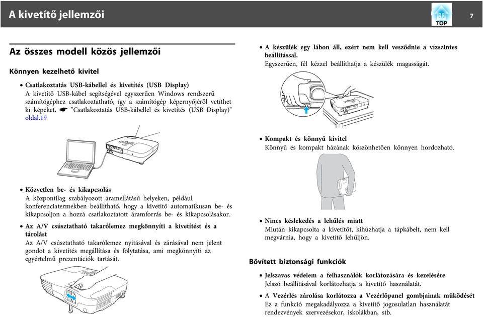 Csatlakoztatás USB-kábellel és kivetítés (USB Display) A kivetítő USB-kábel segítségével egyszerűen Windows rendszerű számítógéphez csatlakoztatható, így a számítógép képernyőjéről vetíthet ki