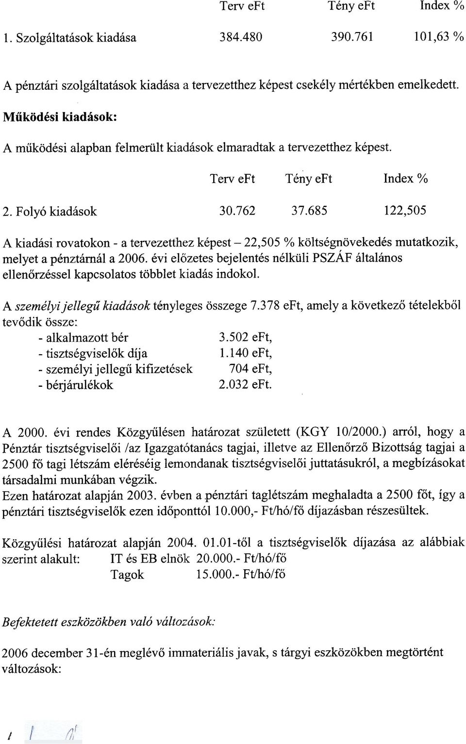 685 1122,505 A kiadási rovatokon - a tervezetthez képest - 22,505 % költségnövekedés mutatkozik, melyet a pénztárnál a 2006.