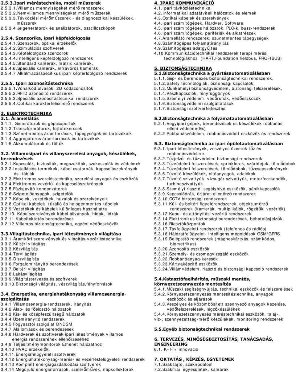 5.4.5.Standard kamerák, mátrix kamerák, 2.5.4.6.Speciális kamerák, infravörös kamerák, 2.5.4.7 Alkalmazásspecifikus ipari képferldolgozó rendszerek 2.5.5. Ipari azonosítástechnika 2.5.5.1.