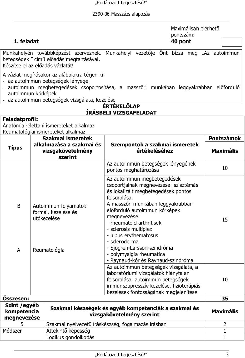 autoimmun betegségek vizsgálata, kezelése ÉRTÉKELŐLAP ÍRÁSBELI VIZSGAFELADAT Feladatprofil: Anatómiai-élettani ismereteket alkalmaz Reumatológiai ismereteket alkalmaz Típus B A Szakmai ismeretek
