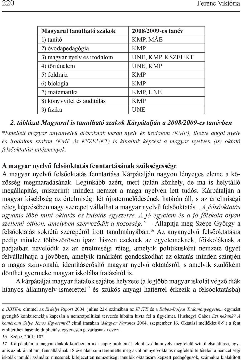 táblázat Magyarul is tanulható szakok Kárpátalján a 2008/2009-es tanévben *Emellett magyar anyanyelvű diákoknak ukrán nyelv és irodalom (KMP), illetve angol nyelv és irodalom szakon (KMP és KSZEUKT)