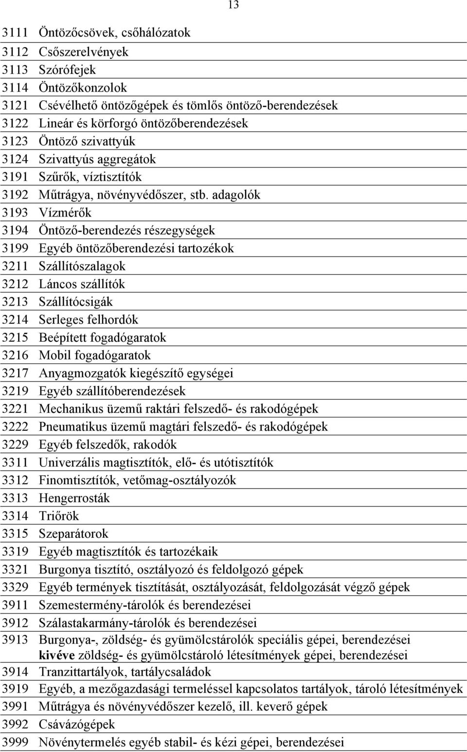 adagolók 3193 Vízmérők 3194 Öntöző-berendezés részegységek 3199 Egyéb öntözőberendezési tartozékok 3211 Szállítószalagok 3212 Láncos szállítók 3213 Szállítócsigák 3214 Serleges felhordók 3215