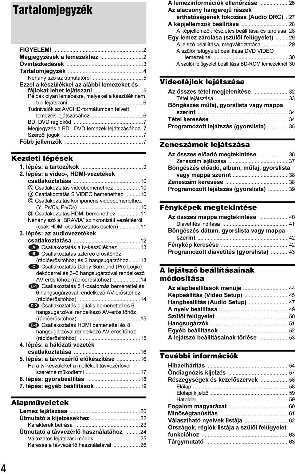 ..7 Megjegyzés a BD-, DVD-lemezek lejátszásához 7 Szerzői jogok...7 Főbb jellemzők...7 Kezdeti lépések 1. lépés: a tartozékok...9 2. lépés: a video-, HDMI-vezetékek csatlakoztatása.