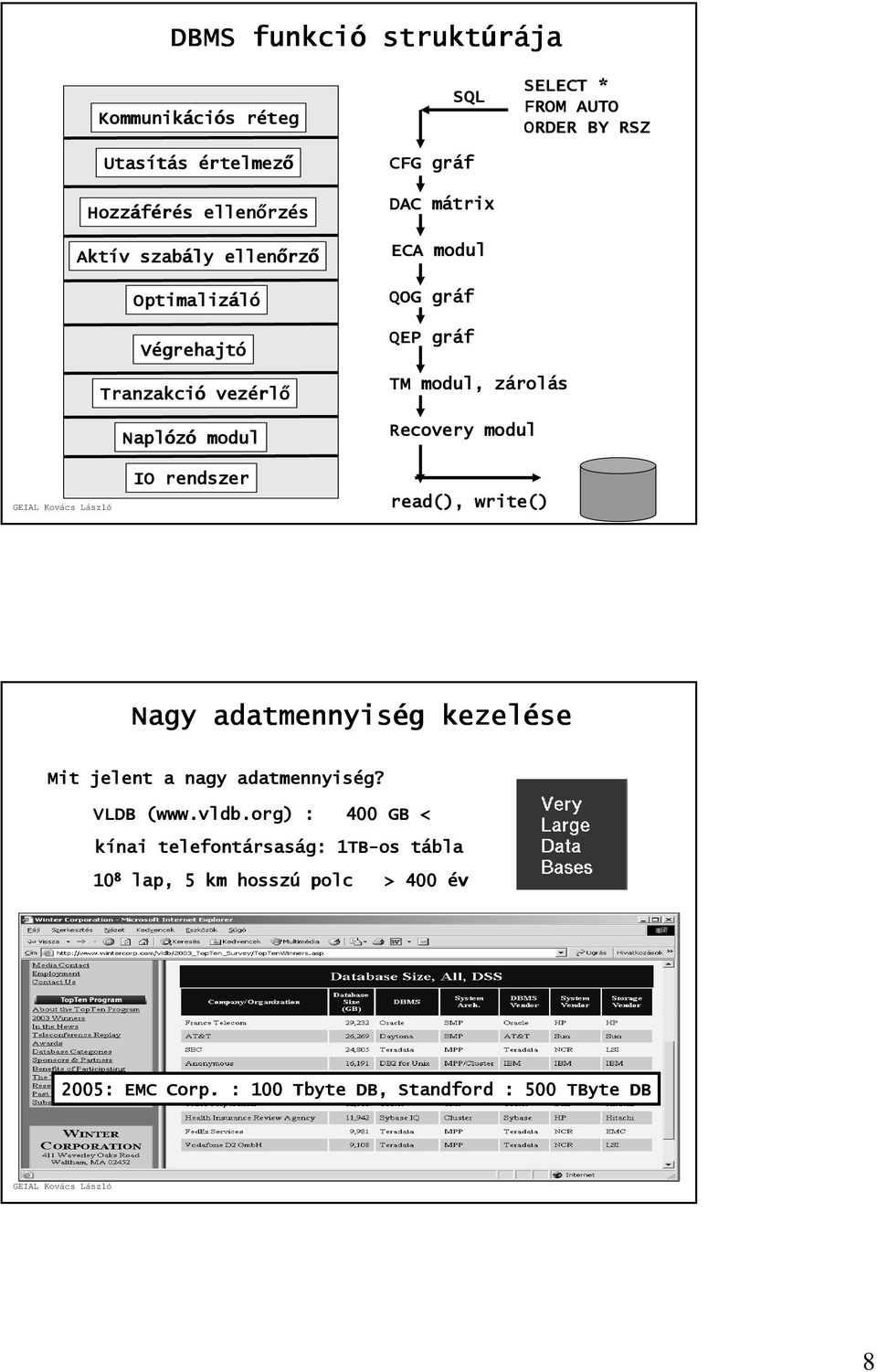 z rolás Recovery modul IO rendszer read(), write() Nagy adatmennyiség kezelése Mit jelent a nagy adatmennyiség? VLDB (www.vldb.