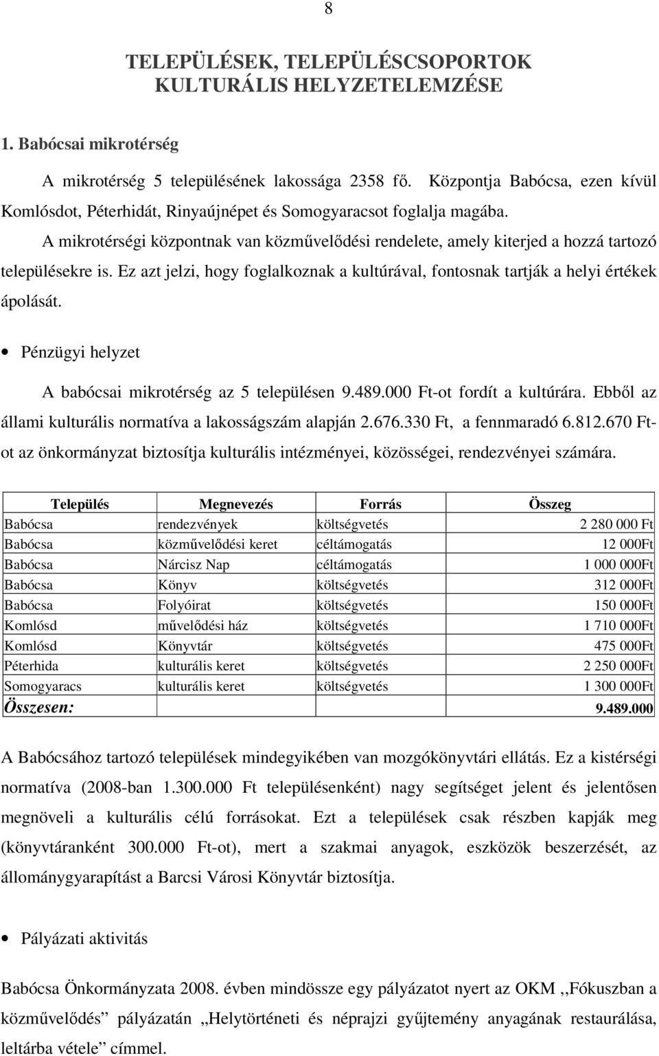 A mikrotérségi központnak van közmővelıdési rendelete, amely kiterjed a hozzá tartozó településekre is. Ez azt jelzi, hogy foglalkoznak a kultúrával, fontosnak tartják a helyi értékek ápolását.