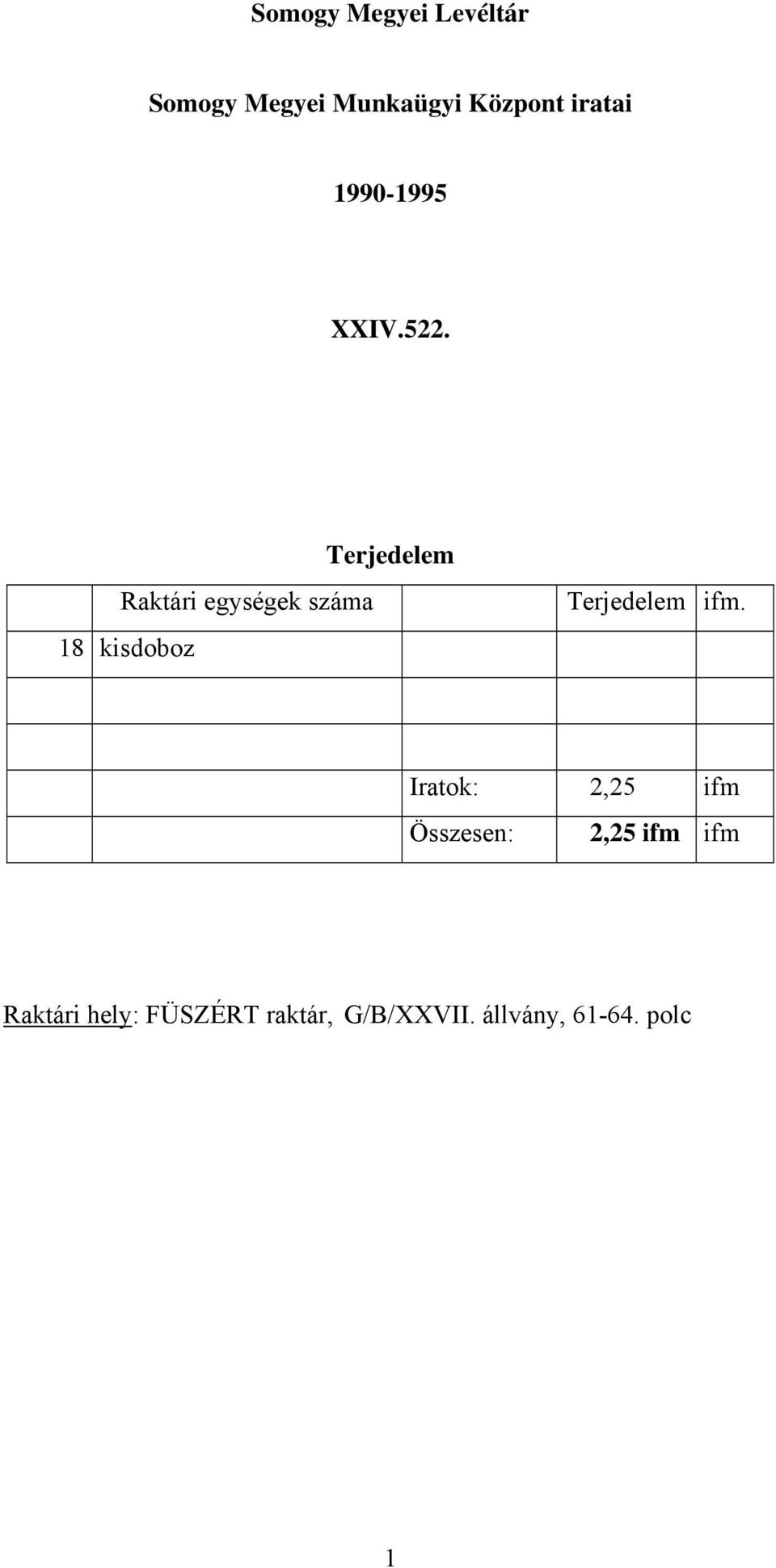 Raktári egységek száma 18 kisdoboz Terjedelem Terjedelem ifm.