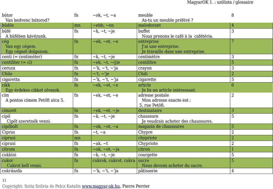 centi (= centiméter) fn ~k, ~t, ~je centimètre centiliter (= cl) fn ~ek, ~t, ~(j)e centilitre ceruza fn ~'k, ~'t, ~'ja crayon Chile fn ~ t, ~ je Chili cigaretta fn ~ k, ~ t, ~ ja cigarette cikk fn