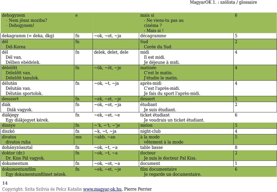 J'étudie le matin. fn ~ok, ~t, ~ja après-midi C'est l'après-midi. Je fais du sport l'après-midi. desszert fn ~ek, ~et, ~je dessert diák fn ~ok, ~ot, ~ja étudiant Diák vagyok. Je suis étudiant.