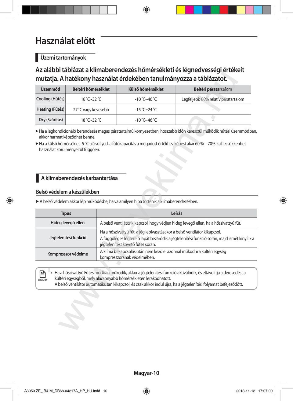 (Szárítás) 18 C~32 C -10 C~46 C - Ha a légkondicionáló berendezés magas páratartalmú környezetben, hosszabb időn keresztül működik hűtési üzemmódban, akkor harmat képződhet benne.