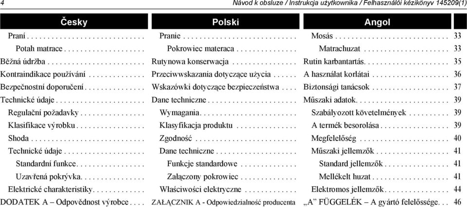 ................ Uzavřená pokrývka................ Elektrické charakteristiky............. DODATEK A Odpovědnost výrobce.... Pranie............................ Pokrowiec materaca.