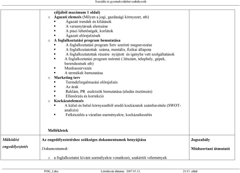 szolgáltatások A foglalkoztatási program méretei ( létszám, telephely, gépek, berendezések stb) Munkaszervezés A termékek bemutatása o Marketing terv Termékforgalmazási előrejelzés Az árak Reklám, PR