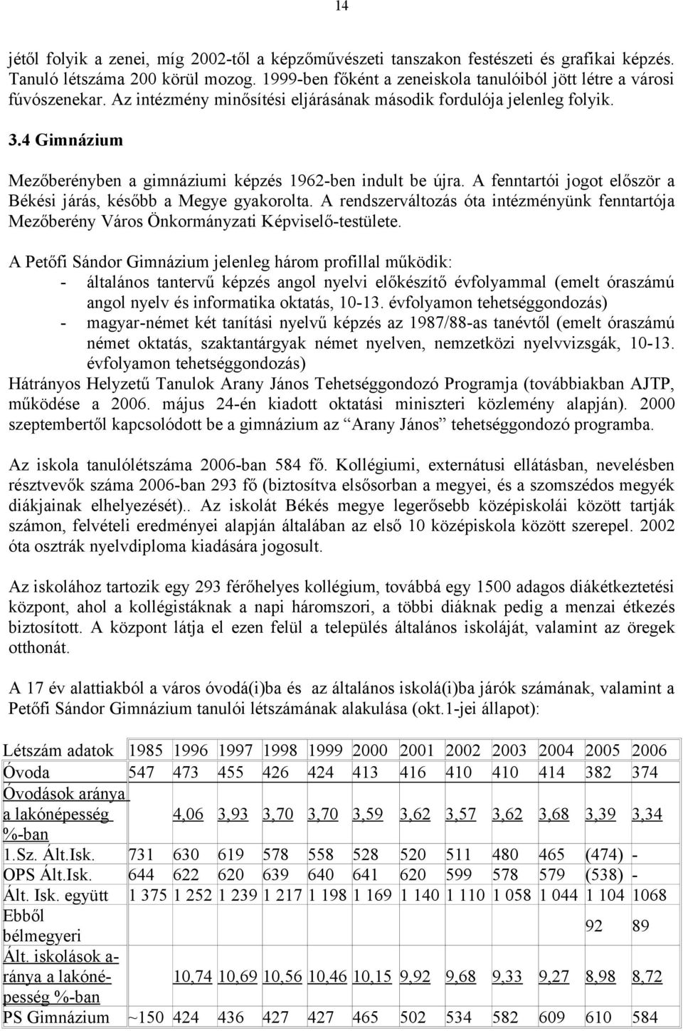 4 Gimnázium Mezőberényben a gimnáziumi képzés 1962-ben indult be újra. A fenntartói jogot először a Békési járás, később a Megye gyakorolta.