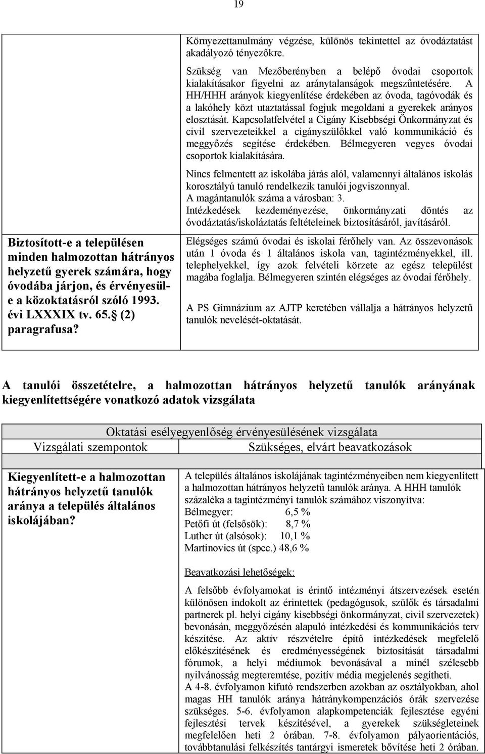 A HH/HHH arányok kiegyenlítése érdekében az óvoda, tagóvodák és a lakóhely közt utaztatással fogjuk megoldani a gyerekek arányos elosztását.