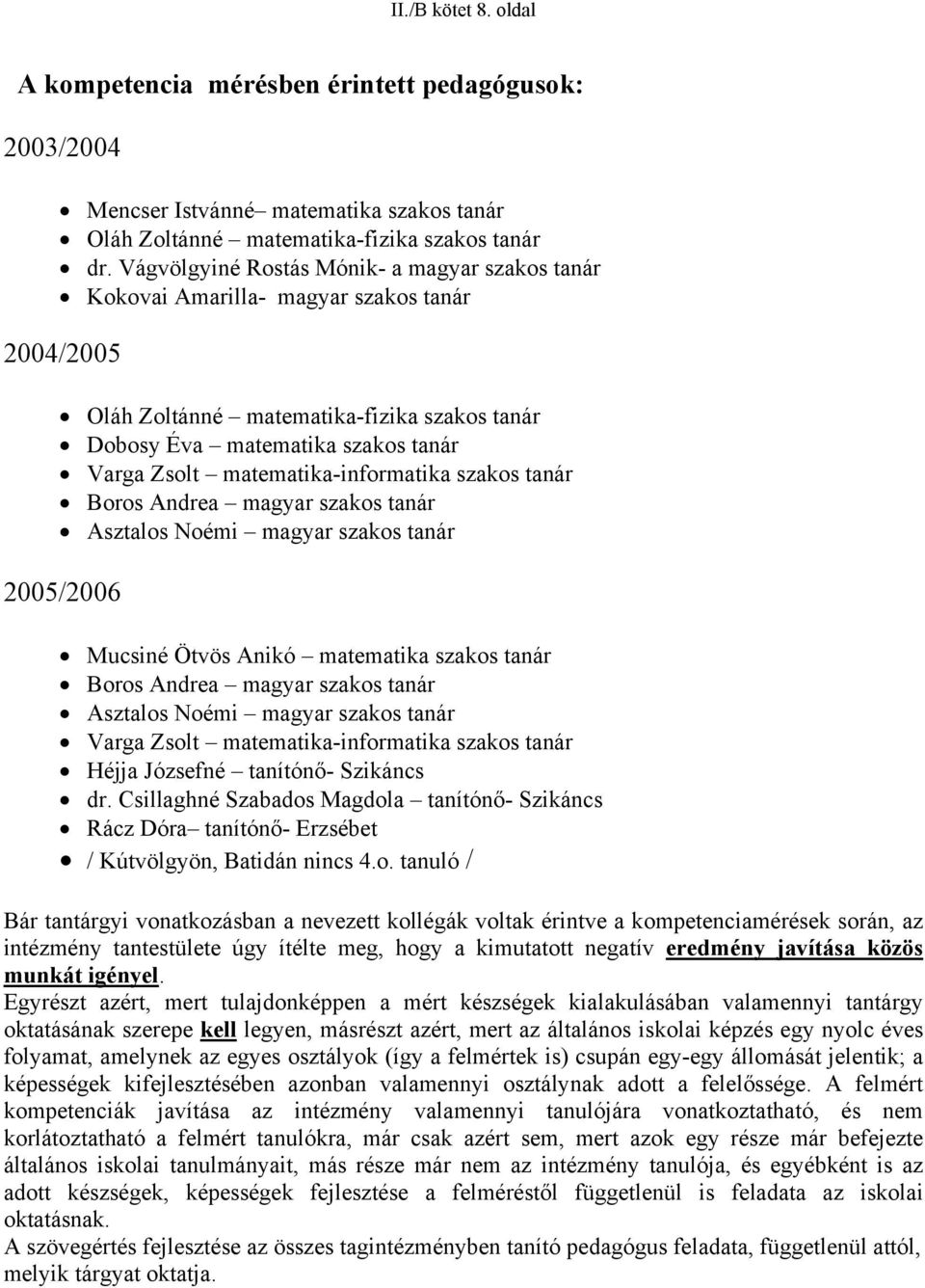 matematika-informatika szakos tanár Boros Andrea magyar szakos tanár Asztalos Noémi magyar szakos tanár 2005/2006 Mucsiné Ötvös Anikó matematika szakos tanár Boros Andrea magyar szakos tanár Asztalos