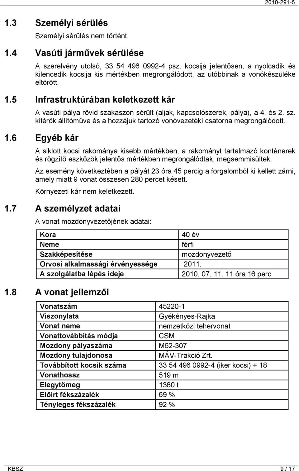 5 Infrastruktúrában keletkezett kár A vasúti pálya rövid szakaszon sérült (aljak, kapcsolószerek, pálya), a 4. és 2. sz. kitérők állítóműve és a hozzájuk tartozó vonóvezetéki csatorna megrongálódott.