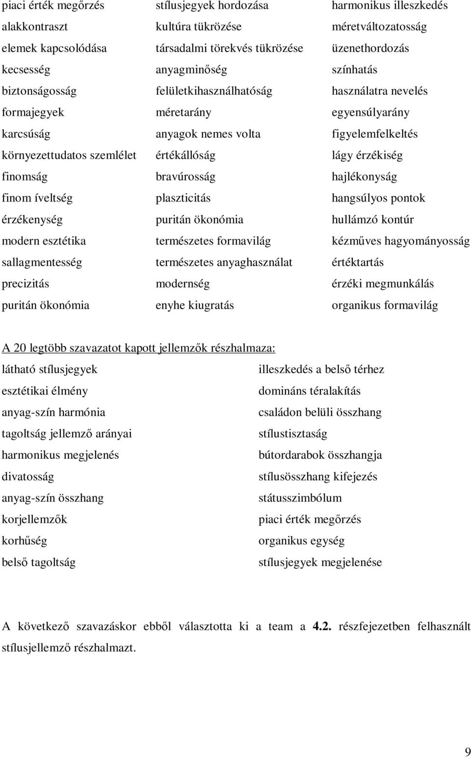 értékállóság lágy érzékiség finomság bravúrosság hajlékonyság finom íveltség plaszticitás hangsúlyos pontok érzékenység puritán ökonómia hullámzó kontúr modern esztétika természetes formavilág