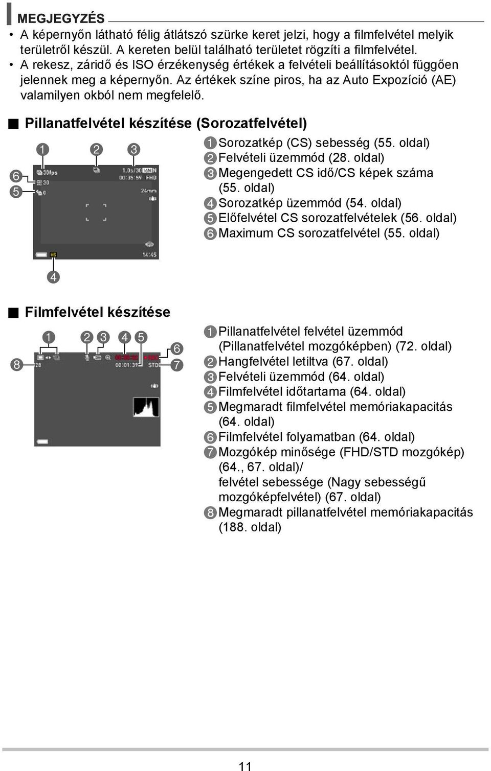 . Pillanatfelvétel készítése (Sorozatfelvétel) 6 5 1 2 3 4 1Sorozatkép (CS) sebesség (55. oldal) 2Felvételi üzemmód (28. oldal) 3Megengedett CS idő/cs képek száma (55. oldal) 4Sorozatkép üzemmód (54.