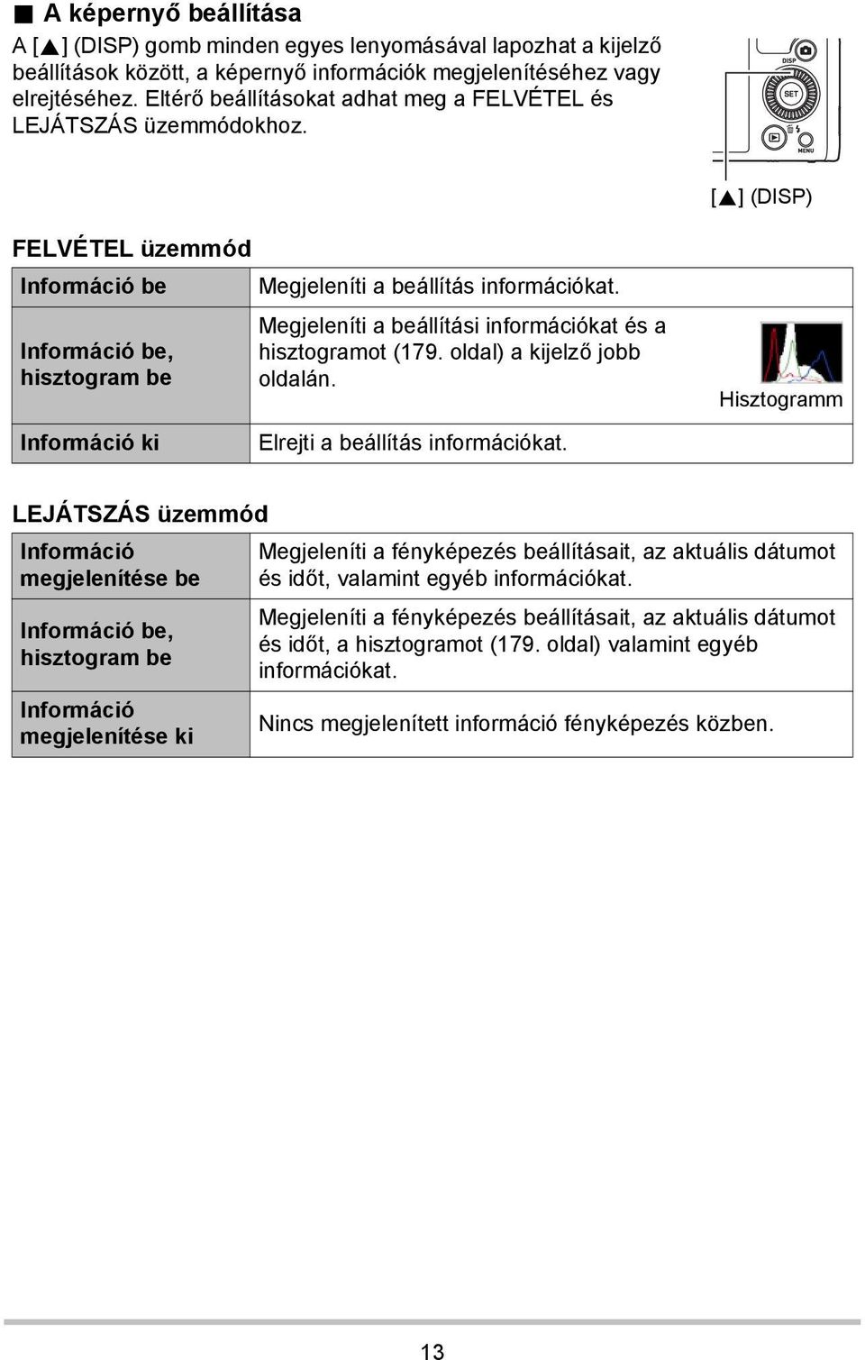 Megjeleníti a beállítási információkat és a hisztogramot (179. oldal) a kijelző jobb oldalán. Hisztogramm Információ ki Elrejti a beállítás információkat.