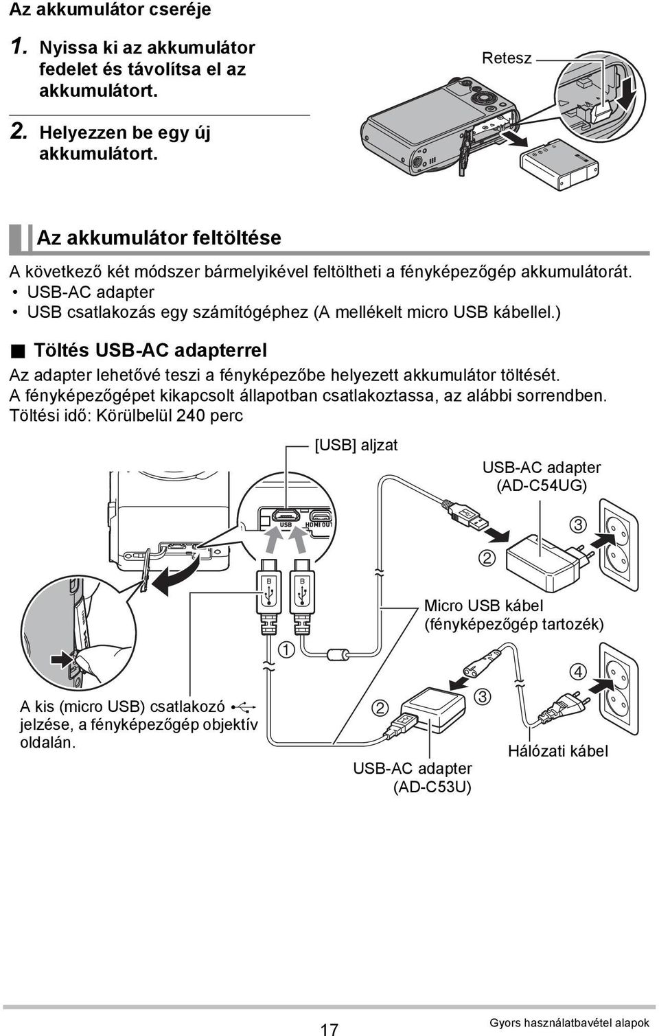 Töltés USB-AC adapterrel Az adapter lehetővé teszi a fényképezőbe helyezett akkumulátor töltését. A fényképezőgépet kikapcsolt állapotban csatlakoztassa, az alábbi sorrendben.