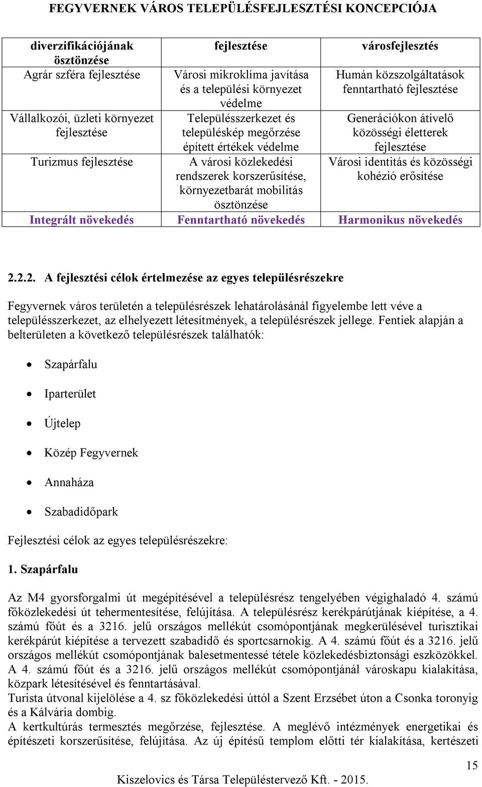 fenntartható fejlesztése Generációkon átívelő közösségi életterek fejlesztése Városi identitás és közösségi kohézió erősítése Integrált növekedés Fenntartható növekedés Harmonikus növekedés 2.