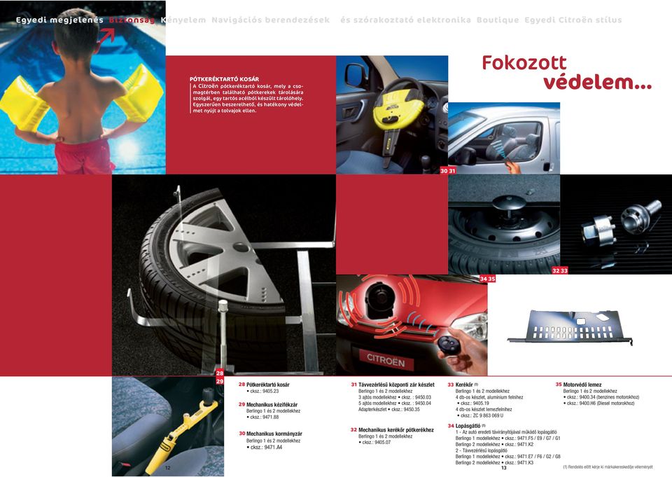 88 31 Távvezérlésû központi zár készlet 3 ajtós modellekhez cksz. : 9450.03 5 ajtós modellekhez cksz. : 9450.04 Adapterkészlet cksz.: 9450.35 33 Kerékôr (1) 4 db-os készlet, alumínium felnihez cksz.