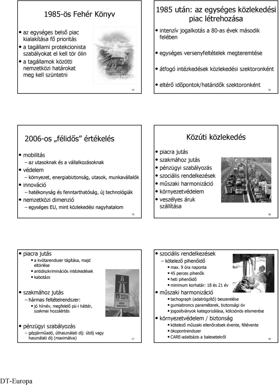 időpontok/határidők szektoronként 14 2006-os félidős értékelés Közúti közlekedés mobilitás az utasoknak és a vállalkozásoknak védelem környezet, energiabiztonság, utasok, munkavállalók innováció