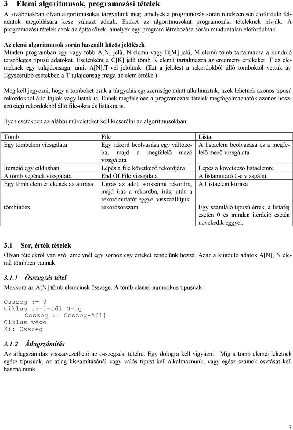 Az elemi algoritmusok során használt közös jelölések Minden programban egy vagy több A[N] jelű, N elemű vagy B[M] jelű, M elemű tömb tartalmazza a kiinduló tetszőleges típusú adatokat.