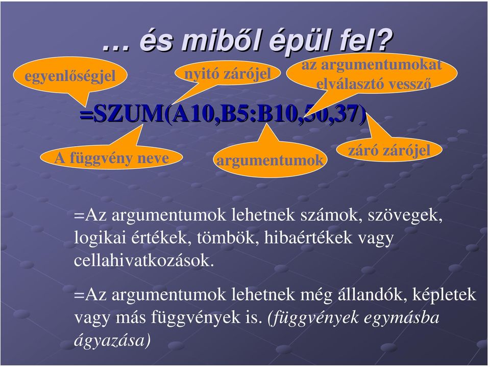 argumentumok záró zárójel =Az argumentumok lehetnek számok, szövegek, logikai értékek,