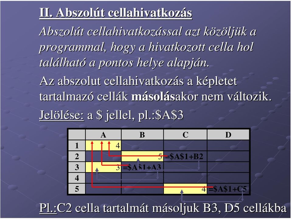 Az abszolut cellahivatkozás s a képletet k tartalmazó cellák másolásakor nem változik.