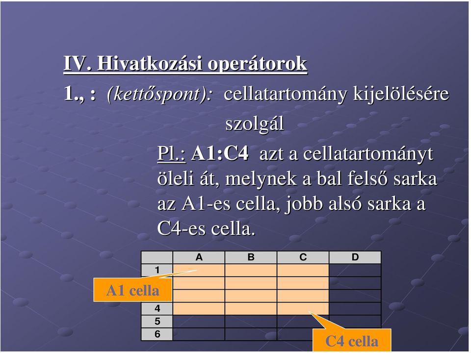 : A1:C4 azt a cellatartományt öleli át, melynek a bal