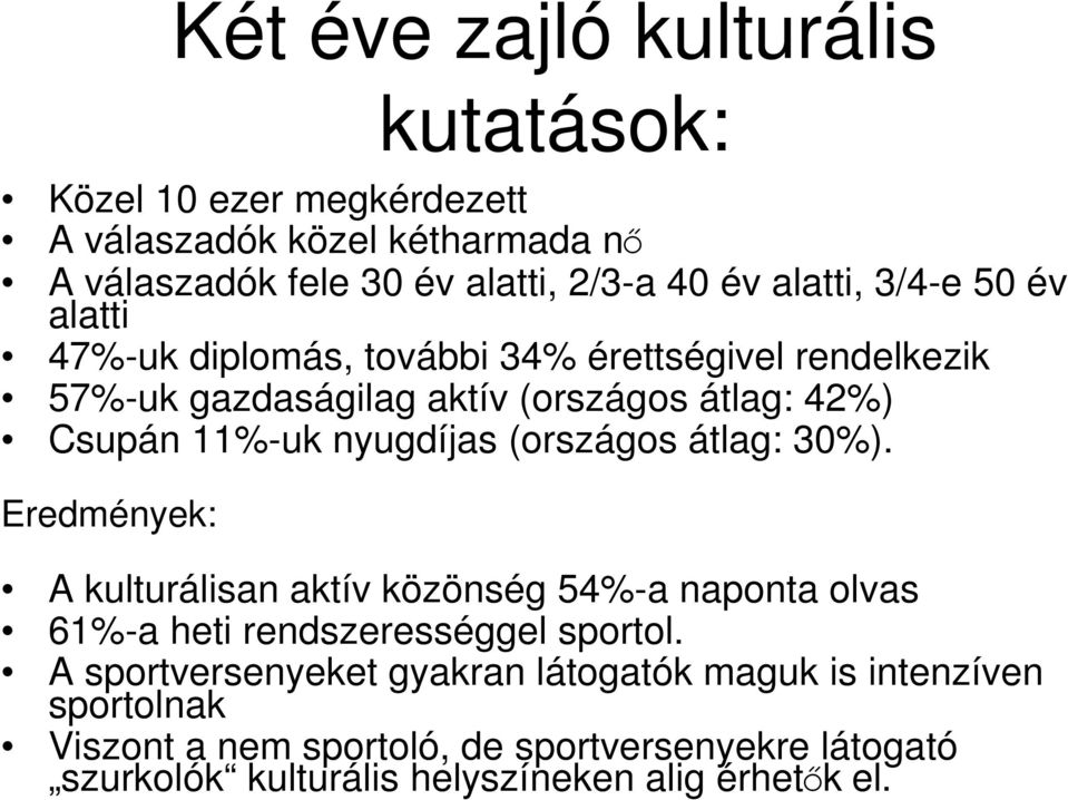 nyugdíjas (országos átlag: 30%). Eredmények: A kulturálisan aktív közönség 54%-a naponta olvas 61%-a heti rendszerességgel sportol.