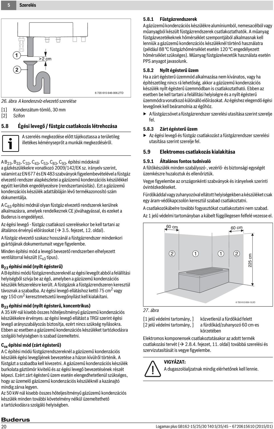 A B 23, B 33, C 33, C 43, C 53, C 83, C 93, építési módoknál a gázkészülékekre vonatkozó 2009/42/EK sz.