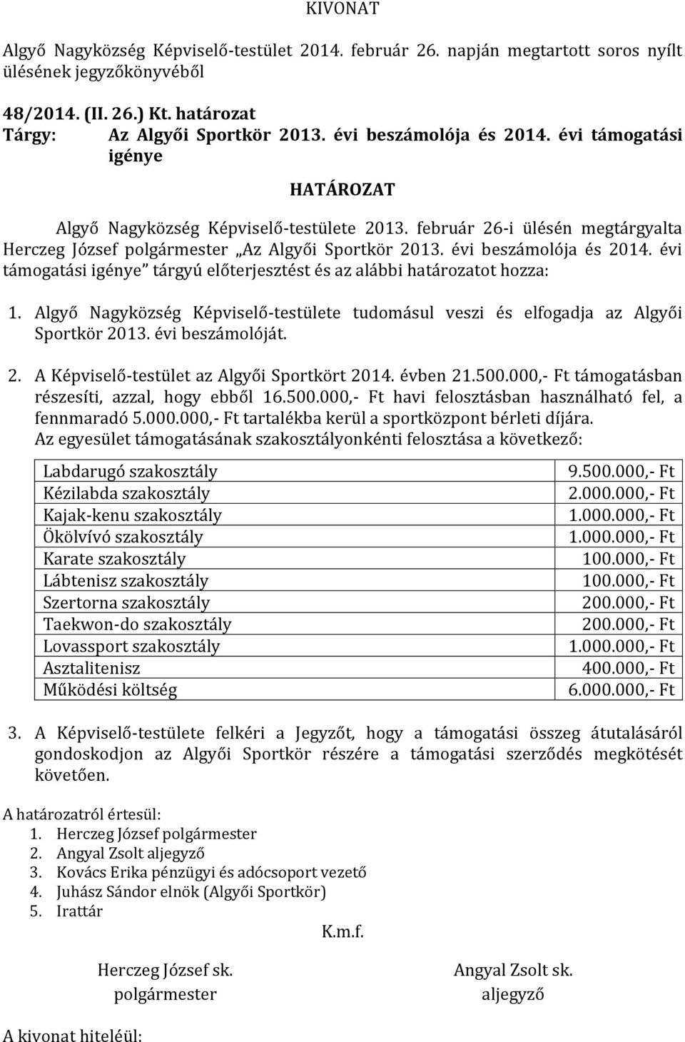 Algyő Nagyközség Képviselő-testülete tudomásul veszi és elfogadja az Algyői Sportkör 2013. évi beszámolóját. 2. A Képviselő-testület az Algyői Sportkört 2014. évben 21.500.