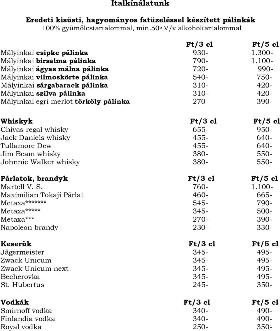 100- Mályinkai ágyas málna pálinka 720-990- Mályinkai vilmoskörte pálinka 540-750- Mályinkai sárgabarack pálinka 310-420- Mályinkai szilva pálinka 310-420- Mályinkai egri merlot törköly pálinka