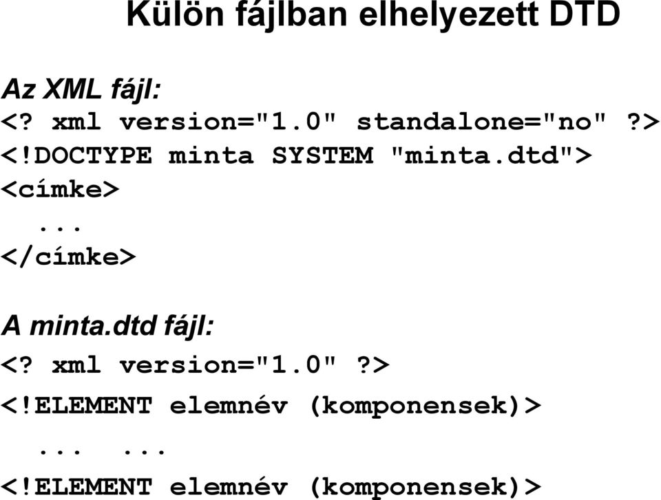 dtd"> <címke>... </címke> A minta.dtd fájl: <? xml version="1.