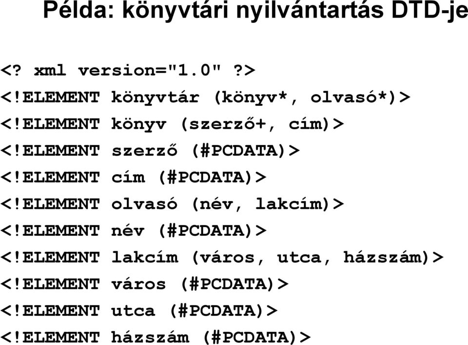 ELEMENT szerző (#PCDATA)> <!ELEMENT cím (#PCDATA)> <!ELEMENT olvasó (név, lakcím)> <!