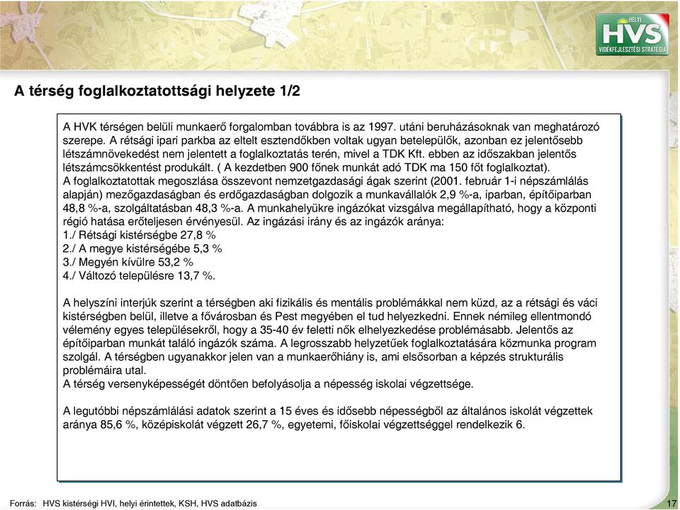 ebben az időszakban jelentős létszámcsökkentést produkált. ( A kezdetben 900 főnek munkát adó TDK ma 150 főt foglalkoztat). A foglalkoztatottak megoszlása összevont nemzetgazdasági ágak szerint (2001.