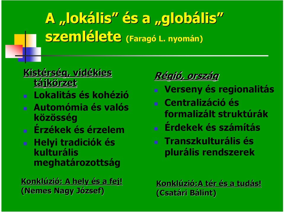 Helyi tradiciók és kulturális meghatározottság Konklúzi zió: : A hely és s a fej!