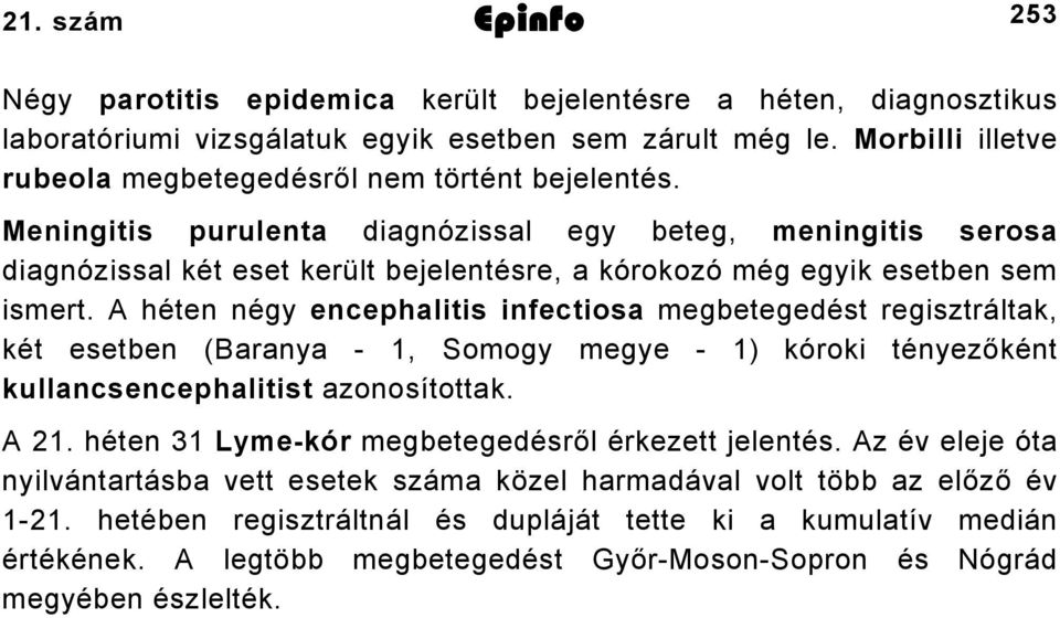 Meningitis purulenta diagnózissal egy beteg, meningitis serosa diagnózissal két eset került bejelentésre, a kórokozó még egyik esetben sem ismert.