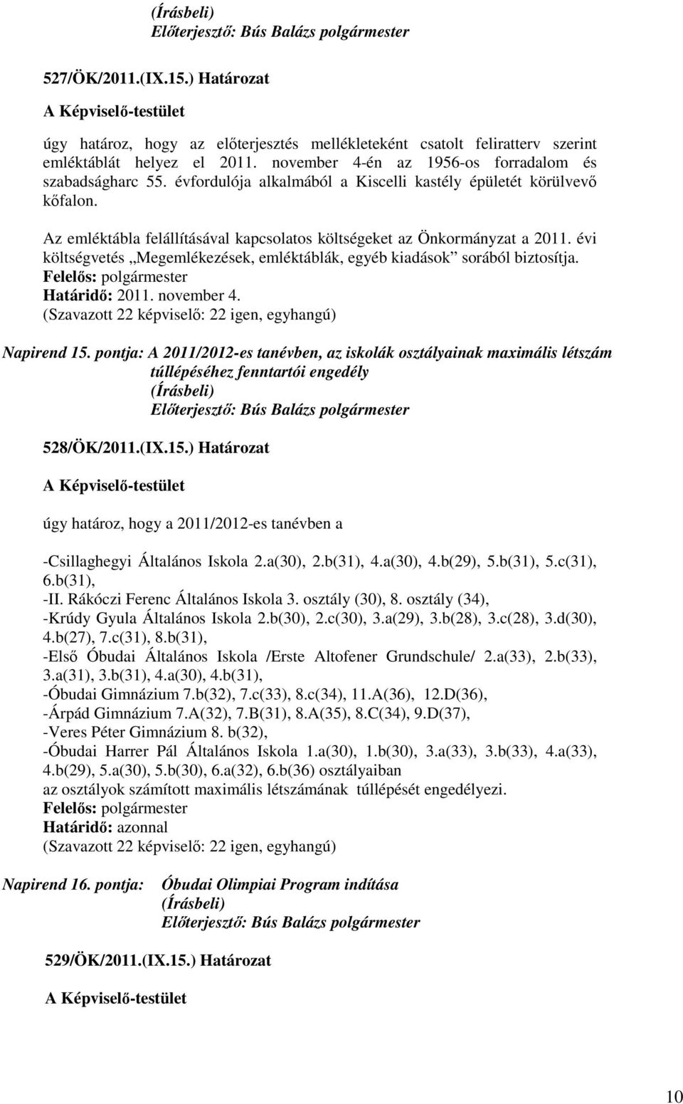 évi költségvetés Megemlékezések, emléktáblák, egyéb kiadások sorából biztosítja. Határidő: 2011. november 4. Napirend 15.