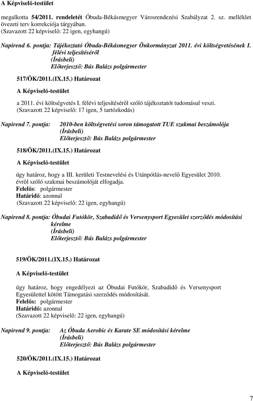 (Szavazott 22 képviselő: 17 igen, 5 tartózkodás) Napirend 7. pontja: 2010-ben költségvetési soron támogatott TUE szakmai beszámolója 518/ÖK/2011.(IX.15.) Határozat úgy határoz, hogy a III.