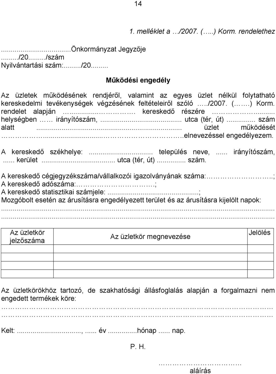 ... kereskedő részére... helységben irányítószám,... utca (tér, út)... szám alatt... üzlet működését.....elnevezéssel engedélyezem. A kereskedő székhelye:... település neve,... irányítószám,... kerület.