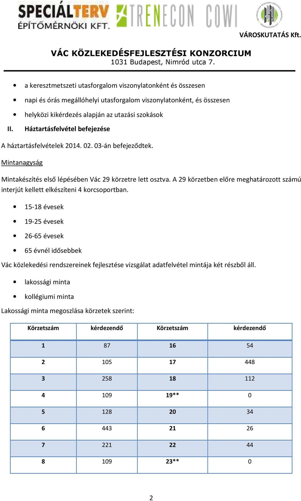 A 29 körzetben előre meghatározott számú interjút kellett elkészíteni 4 korcsoportban.