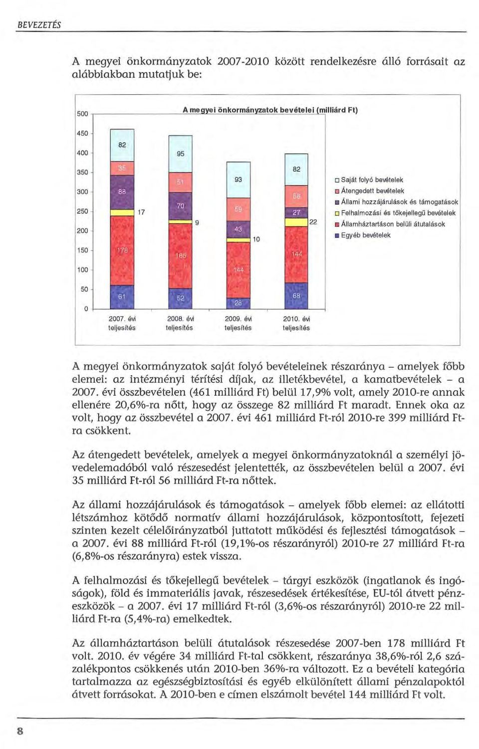 évi teljesítés A megyei önkrmányzatk saját flyó bevételeinek részaránya - amelyek főbb elemei: az intézményi térítési díjak, az illetékbevétel, a kamatbevételek - a 2007.