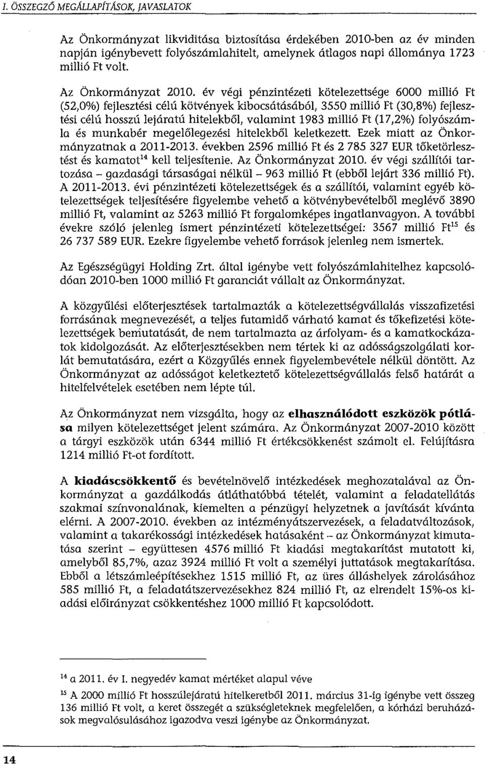 év végi pénzintézeti kötelezettsége 6000 millió Ft (52,0%) fejlesztési célú kötvények kibcsátásából, 3550 millió Ft (30,8%) fejlesztési célú hsszú lejáratú hitelekből, valamint 1983 millió Ft (17,2%)