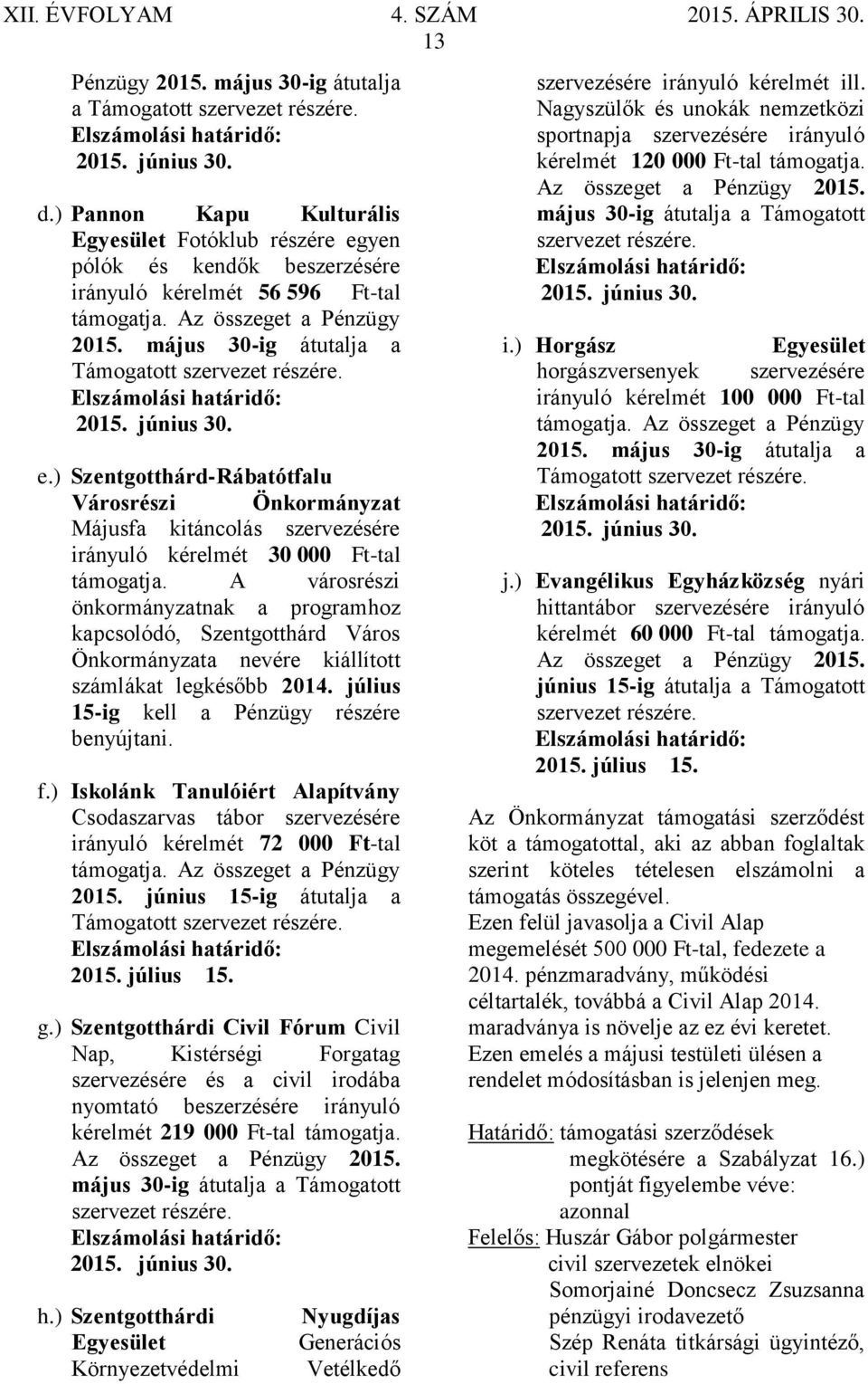 május 30-ig átutalja a Támogatott szervezet részére. 2015. június 30. e.) Szentgotthárd-Rábatótfalu Városrészi Önkormányzat Májusfa kitáncolás szervezésére irányuló kérelmét 30 000 Ft-tal támogatja.