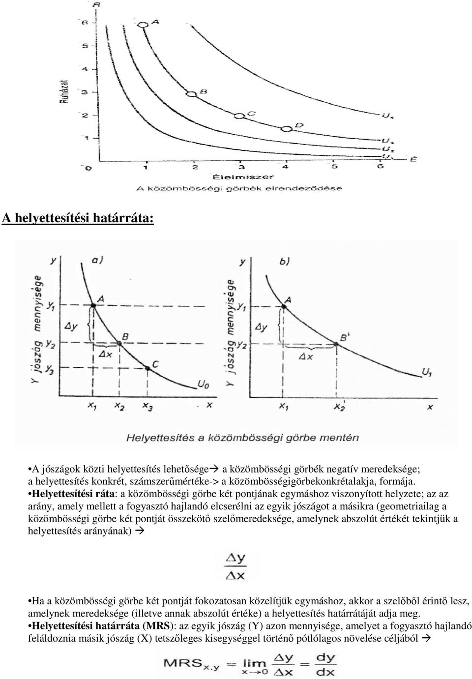 közömbösségi görbe két pontját összekötő szelőmeredeksége, amelynek abszolút értékét tekintjük a helyettesítés arányának) Ha a közömbösségi görbe két pontját fokozatosan közelítjük egymáshoz, akkor a