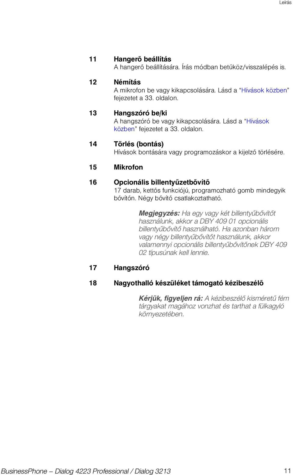 15 Mikrofon 16 Opcionális billentyűzetbővítő 17 darab, kettős funkciójú, programozható gomb mindegyik bővítőn. Négy bővítő csatlakoztatható.